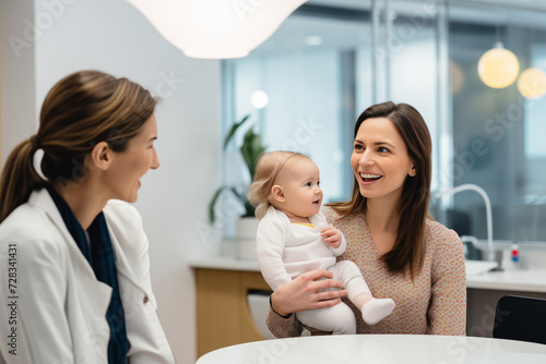 Mother seeks advice from doctor concerning young daughter. Little baby sits in arms of mother blissfully unaware of unfolding conversation at appointmet