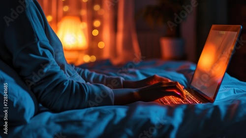 Young woman working late in bed with a laptop photo