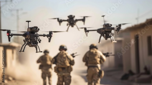 Modern warfare, soldiers using drones for strike and reconnaissance