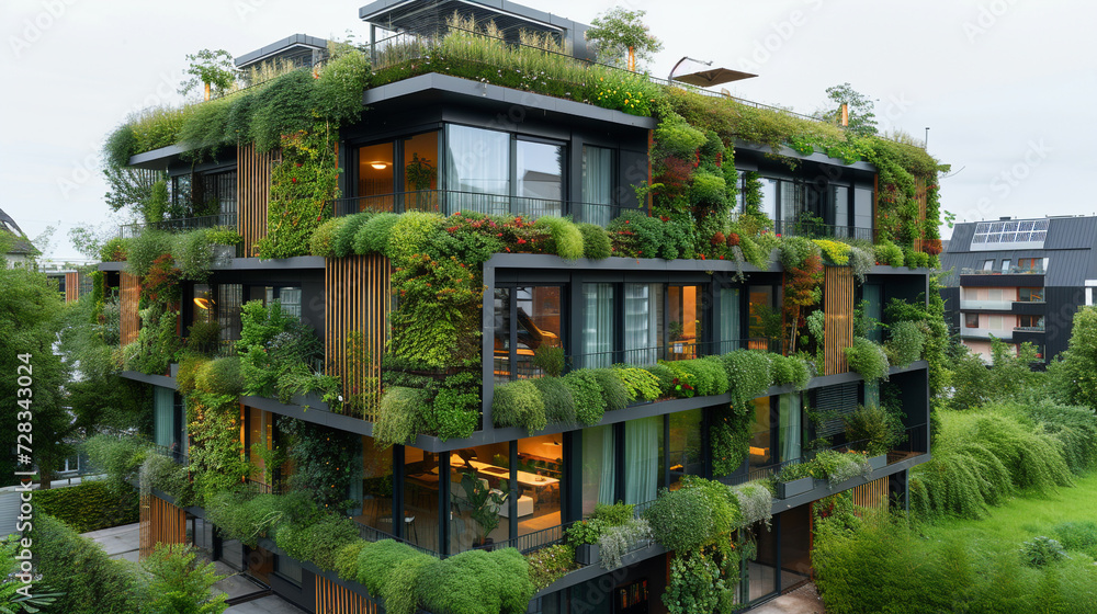 a green building with living walls, solar panels, and environmentally friendly materials. 
