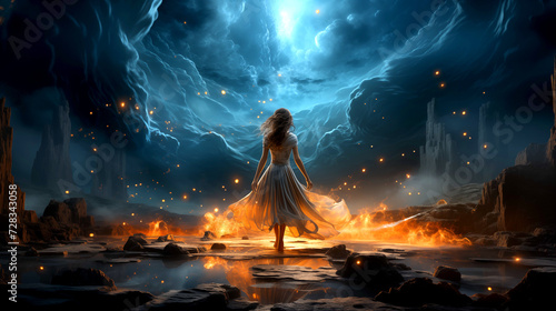 A woman walk on fire, road after death, and Struggle Between Heaven and Hell