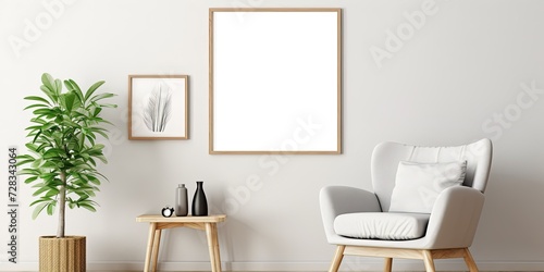 Modern interior design with mock up poster frame, wooden chair, plants, and creative accessories. Eucalyptus wall. Home staging. Template. Copy space.