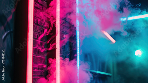 abstract background neon glow brick wall and smoke atmospheric backdrop