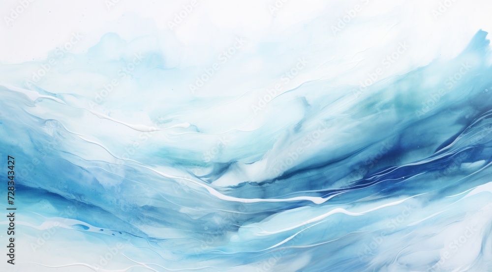 abstract blue and white painting of waves over a white background