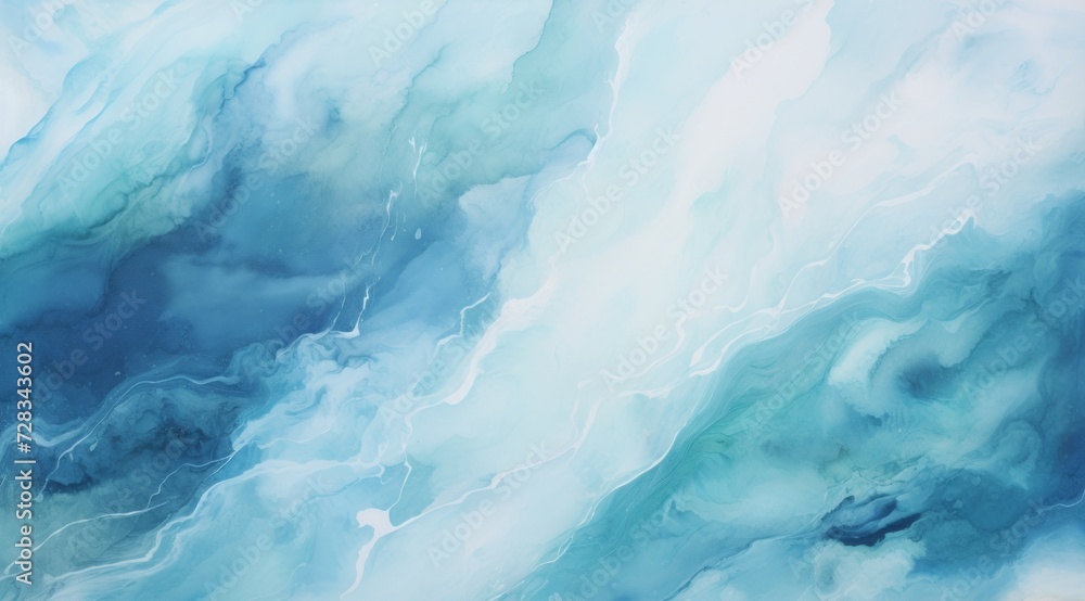 abstract blue and white painting of waves over a white background