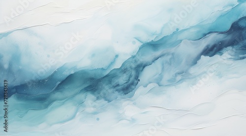 abstract blue and white painting of waves over a white background