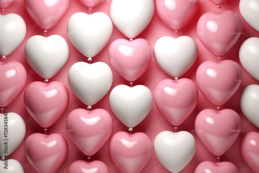 Group of white and pink heart balloons on pink background. Generative Ai