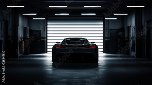 Silhouette of generic sports car in dark garage, back view, pit lane setting, dramatic, cinematic lighting