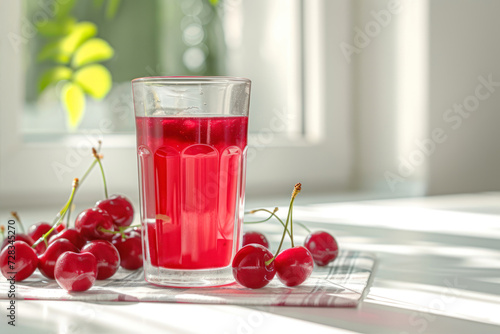 Glass of fresh cherry juice on windowsill, closeup. Space for text