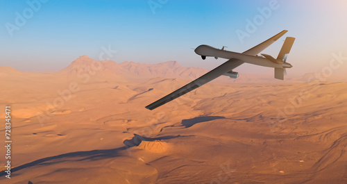 MQ military drone flying over desert on the Middle East
