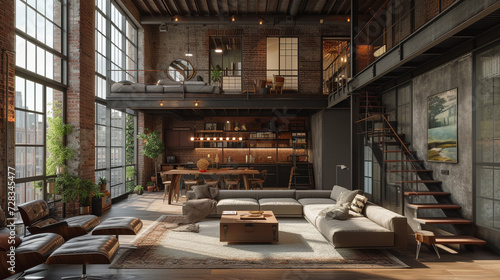 a contemporary loft with an open floor plan, industrial elements, and a chic, urban vibe. 