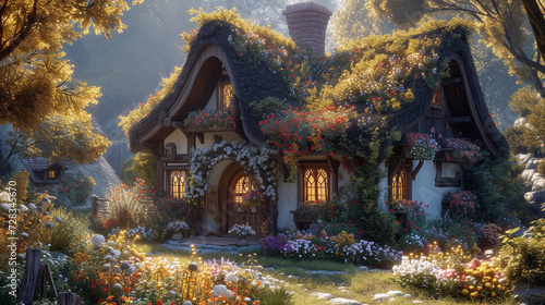 a cozy cottage with a thatched roof, flower boxes, and a quaint, fairy-tale charm. 
