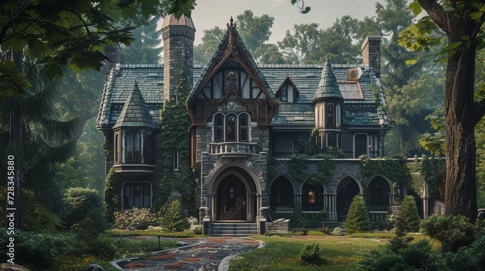 a gothic revival house with pointed arches, detailed tracery, and a sense of historical grandeur. 