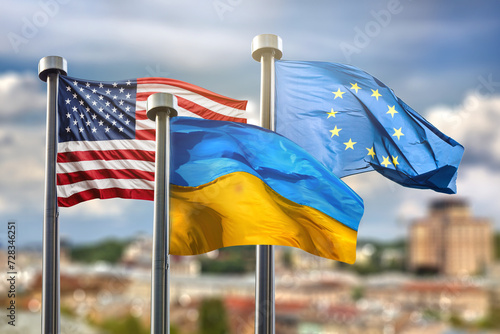 Flags of United states of America, Ukraine and European Union ag
