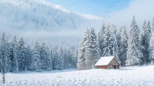 Wooden house in the winter forest. Panoramic view. © Ula