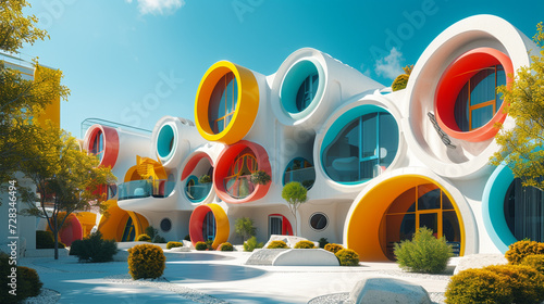 a postmodern building with playful shapes, colorful facades, and unconventional designs.  photo