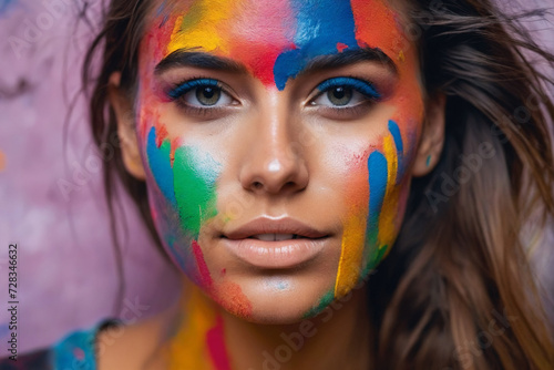 Closeup portrait of a young woman with colorful paint on face