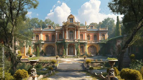 a renaissance villa with detailed frescoes, spacious courtyards, and classical proportions. 