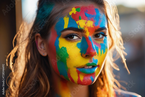 Closeup portrait of a young woman with colorful paint on face
