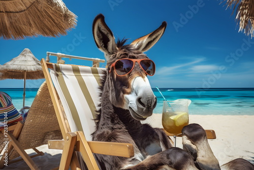 donkey lying on sun bed and drinking a cocktail in summer sunny sea beach