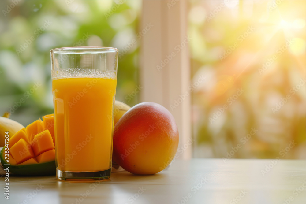 Mango and mango juice in a glass on a wooden table. Mango and mango juice in a glass on a wooden table.