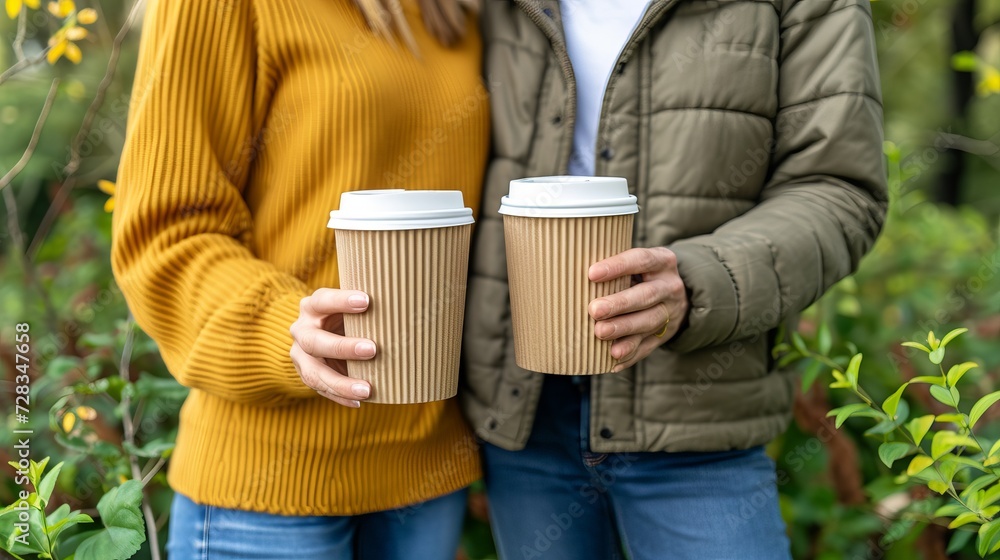 Close up of couple holding an empty coffee to go paper cup, enjoying a moment together Close up of couple holding an empty coffee to go paper cup, enjoying a moment together