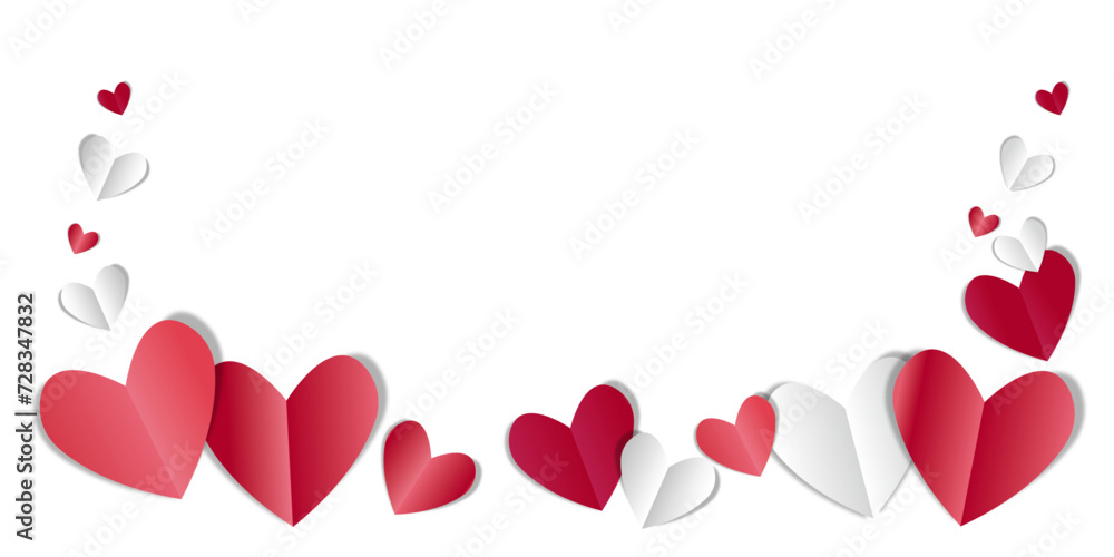  Paper cut decorations for Valentine's day. Red, pink and white hearts isolated on transparent background. Vector illustration.