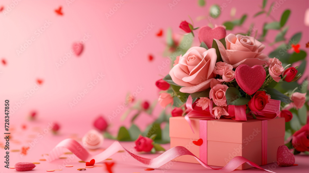 Valentine's day background with roses and gift box on pink background Valentine's day background with roses and gift box on pink background