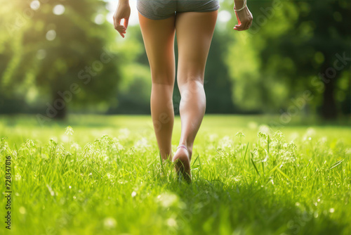 Young woman running on green grass in the park. Fitness and healthy lifestyle concept.