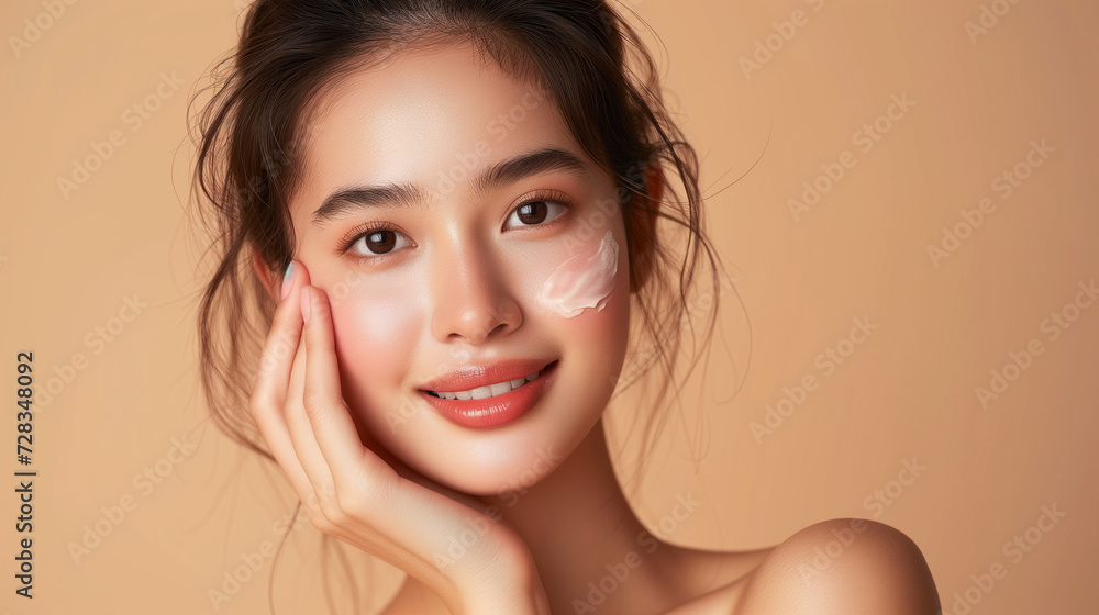 Woman with beautiful face touching healthy facial skin with cream portrait. Beautiful happy Asian girl model,concept with copy space for text. Woman with beautiful face touching healthy facial skin with cream portrait. Beautiful happy Asian girl model,concept with copy space for text.