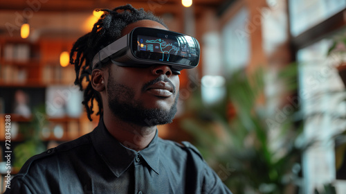 A young man using a virtual reality headset, a black tall man in his home office with a Vision Pro headset on doing productivity apps in his modern home