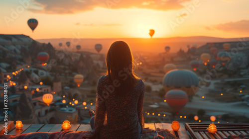 womantraveler vacations on a hotel terrace in a beautiful destination in Goreme, Turkey. Fabulous Kapadokya with flying air balloons at sunrise, Anatolia