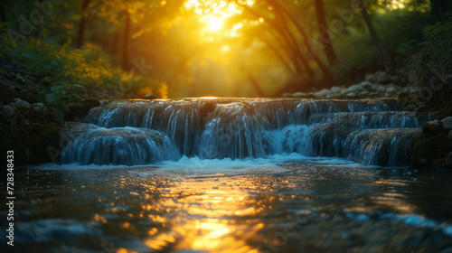 waterfall in the forest at sunset