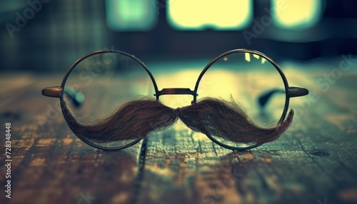 Glasses with mustache on wooden table, silly office pranks photo photo