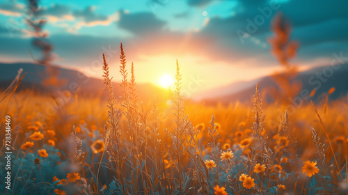 sunset in the field of flowers in the moutnains during summer