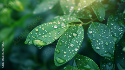 rain drops on a leaf, green leaveas background in nature forest