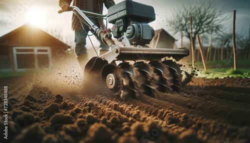 A gardener uses a rototiller to churn and aerate the earth, preparing the ground for planting, showcasing the transformation of compact soil into a fertile bed. Zooming in tilling the soil- Groundwork photo
