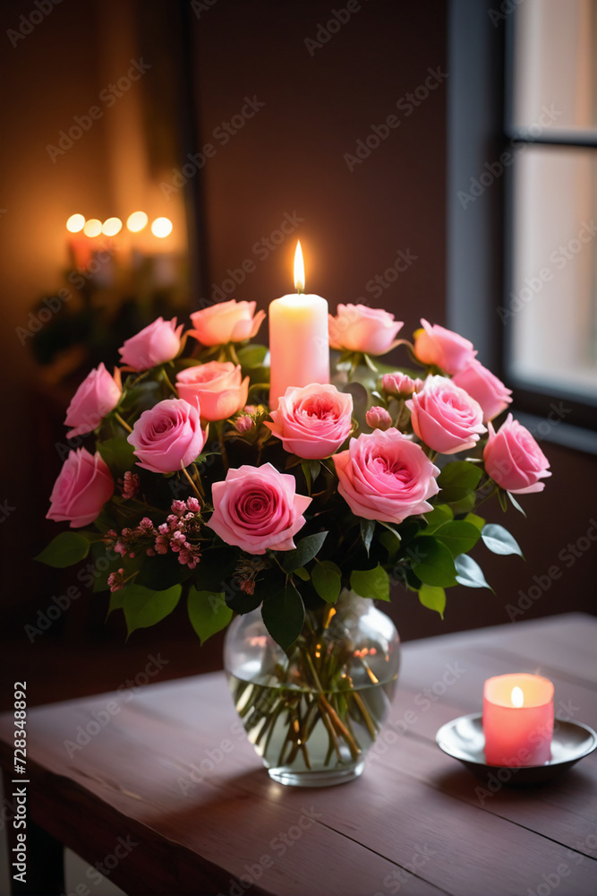 Obraz premium Romantic candlelight illuminates a pink flower bouquet on a table