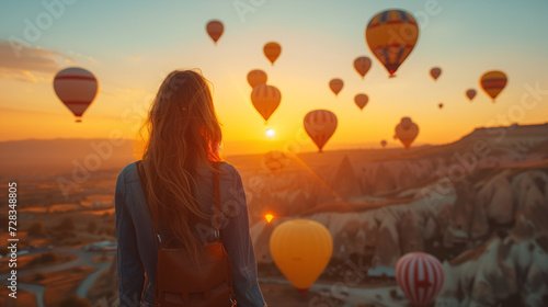 hot air balloon at sunrise, Women early in the morning with hot air balloons in Cappadocia at sunrise, women at sunset with a view over the valley from a hotel terrace in Cappadocia Turkey