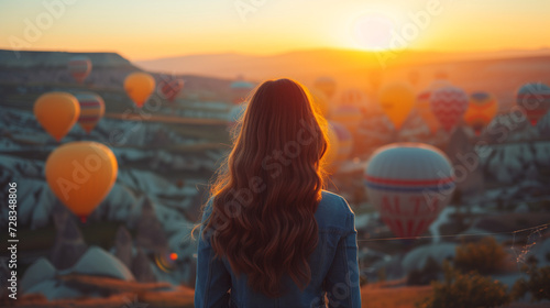 Women early in the morning with hot air balloons in Cappadocia at sunrise, women at sunset with a view over the valley from a hotel terrace