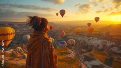 Women early in the morning with hot air balloons in Cappadocia at sunrise, women at sunset with a view over the valley from a hotel terrace in Cappadocia Turkey travel