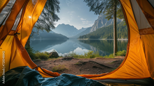 view from indoor of a tent at a lake and mountains in the forest, tent on the edge of a lake,