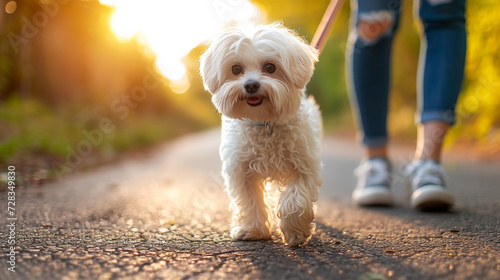 Curious Maltese on a Sunlit Path.
A Maltese dog looks up curiously during a sunny walk.