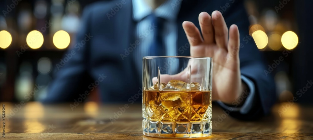 Young man gesturing no and stop to alcohol close up with copy space for text placement Young man gesturing no and stop to alcohol close up with copy space for text placement