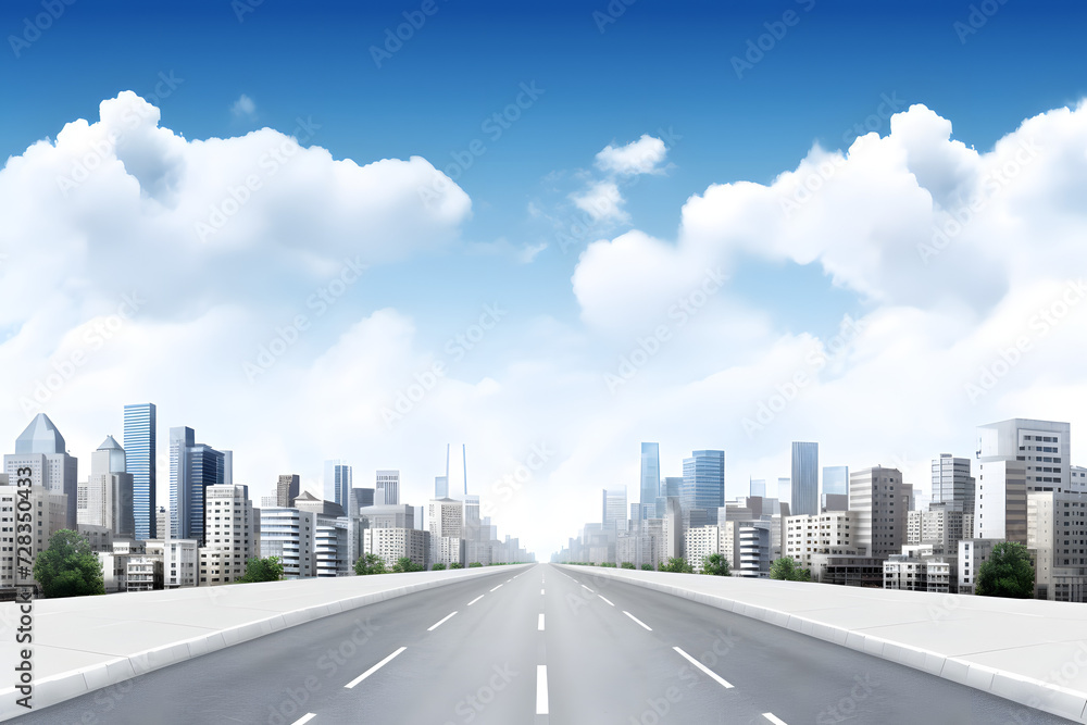 Side view of straight road with buildings skyline on the back. Road, streets and towers, 3d illustration abstract design isolated with clouds. flying 3d road highway banner or mockup. Generative AI.