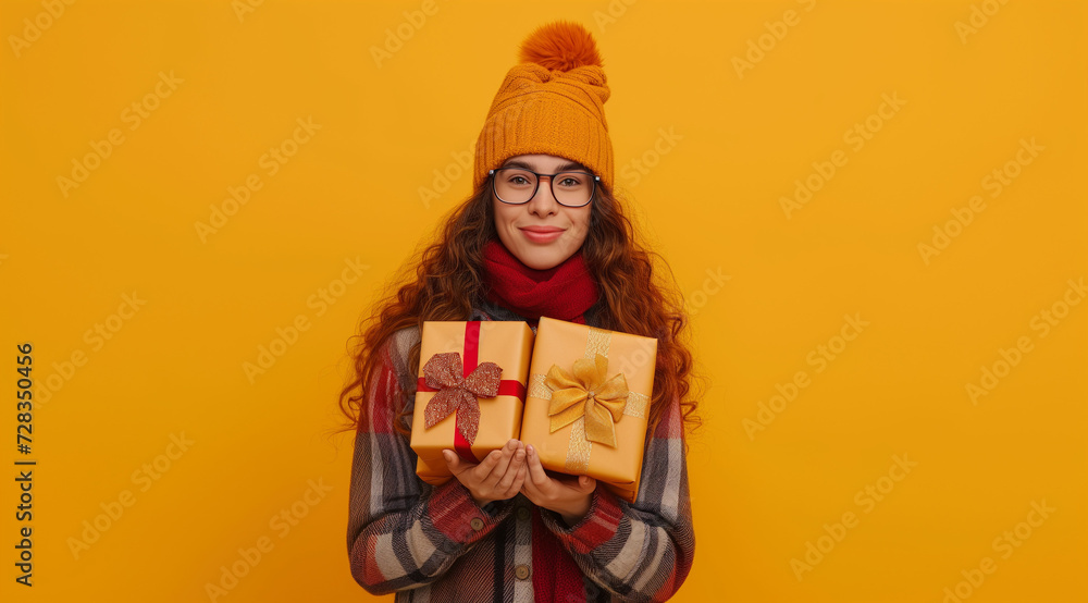 young girl holding presents with yellow background