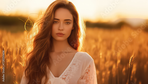 European woman with wind in her hair in field at sunset ,spring concept