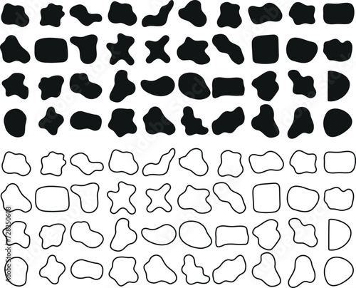 Organic, irregular black shapes, vector design elements on white. Perfect for modern, abstract backgrounds, patterns in ads, websites, prints. Fluid, dynamic aesthetic