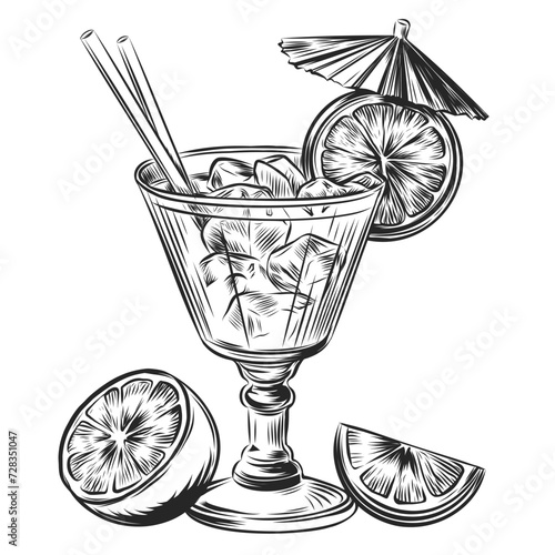Hand drawn cocktail with ice cube, tube umbrella and slice of lemon. Vector engraved style illustration for posters, decoration and print isolated on white background. Detailed vintage woodcut style