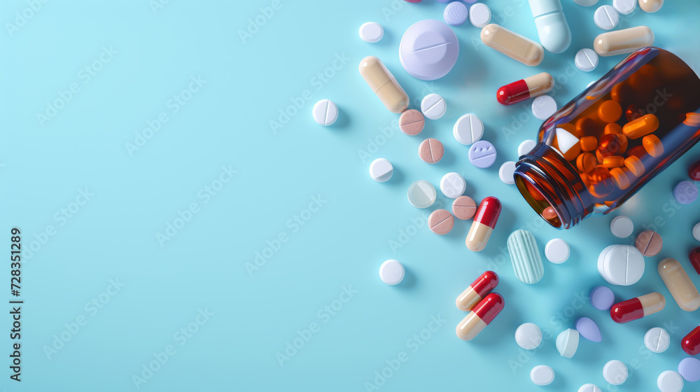 Top view with copy space, medicine bottle and scattered pills on color background Top view with copy space, medicine bottle and scattered pills on color background